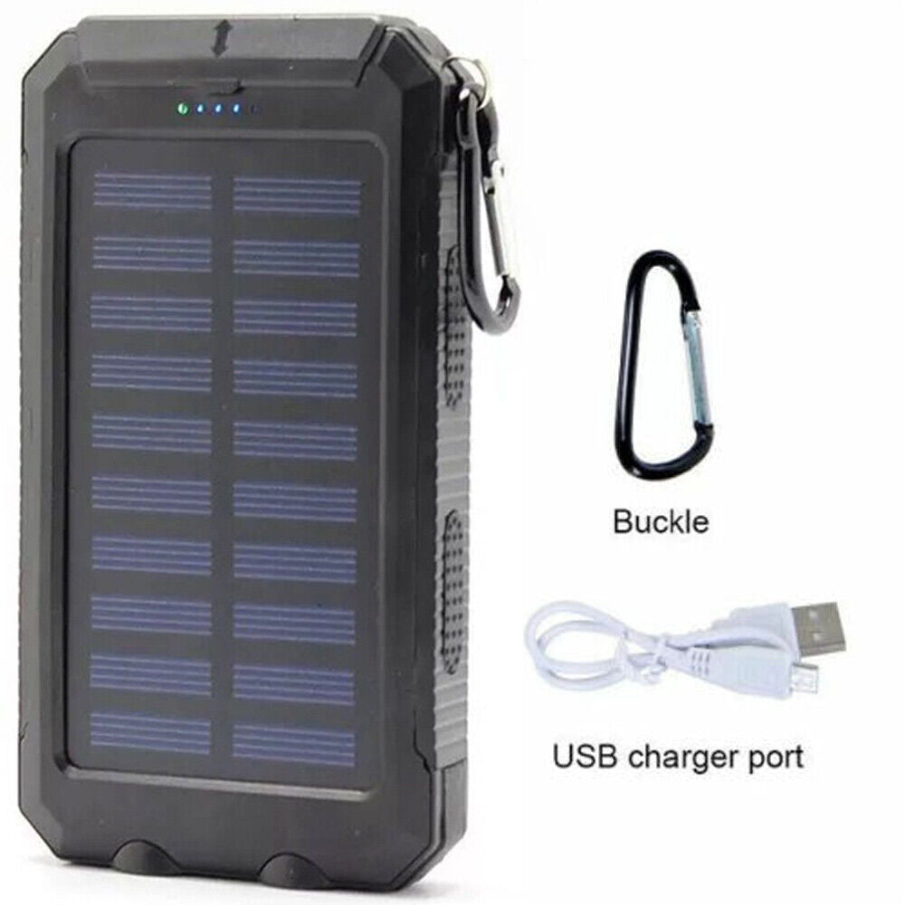 Solar Power Bank, 10000mAh Dual-USB Charger with Solar Panel, LED Lights, Compass and Black or Orange Finish