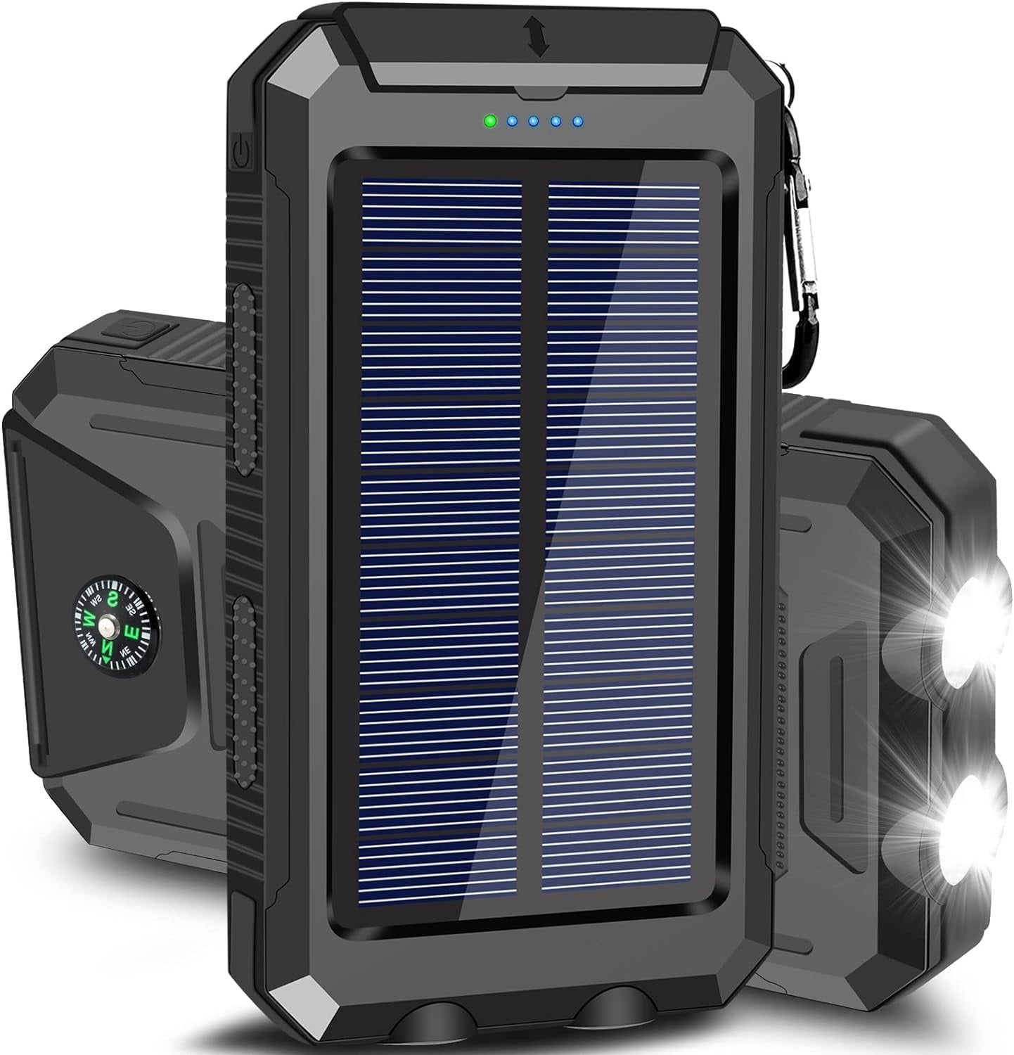Solar Power Bank, 10000mAh Dual-USB Charger with Solar Panel, LED Lights, Compass and Black or Orange Finish