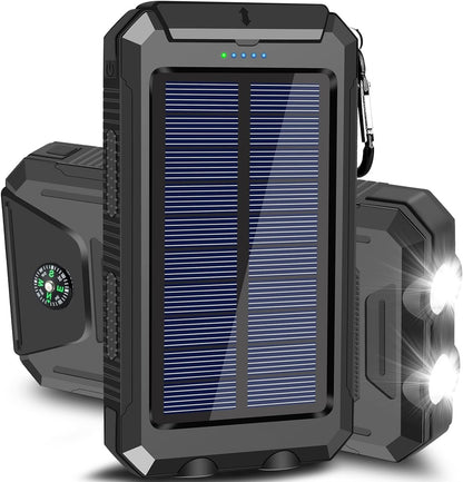 Solar Power Bank, 10000mAh Dual-USB Charger with Solar Panel, LED Lights, Compass and Black or Orange Finish