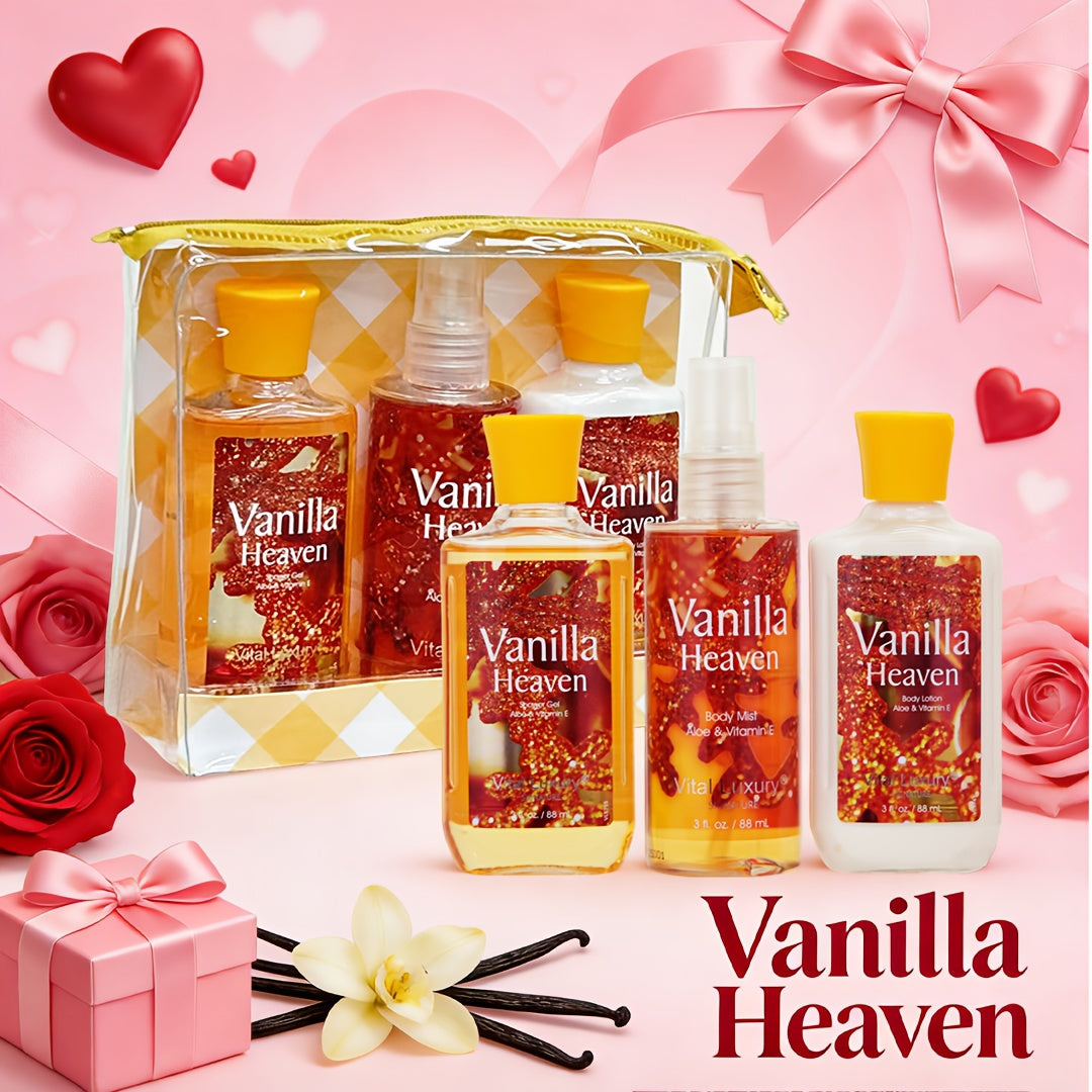 Three-Piece Vanilla Heaven Bath Set with 3 oz Shower Gel, Body Lotion, Body Mist and Clear Pouch