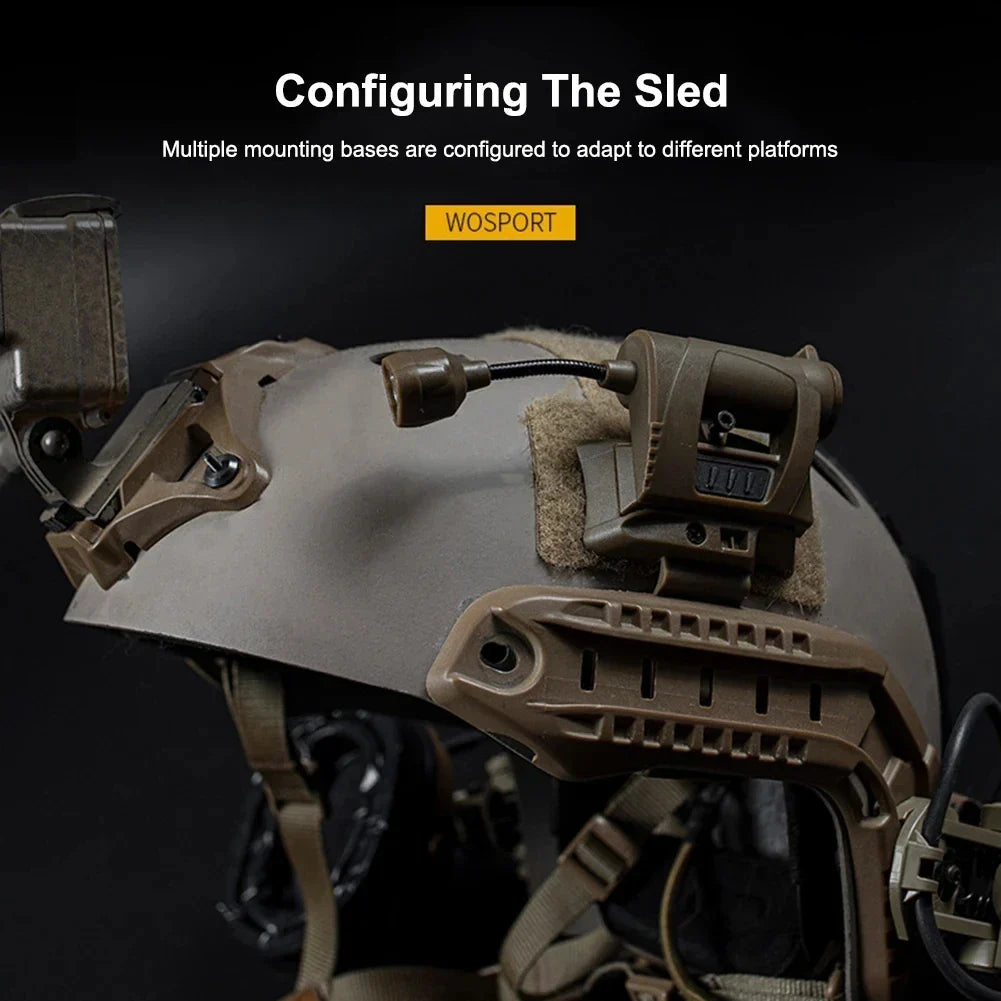 Three-Mode LED Helmet Rail Light with Black and Tan Checkout Options, ARC-Style Mount and Signal LEDs