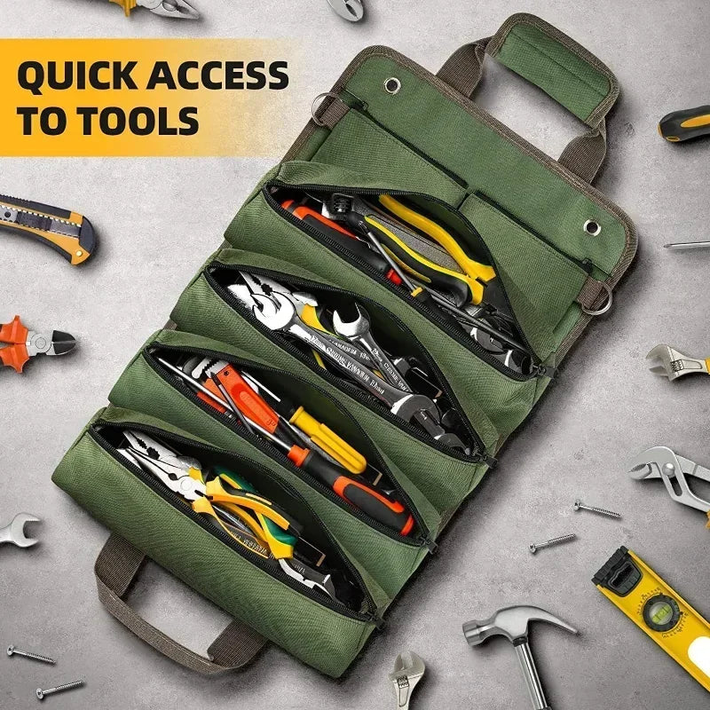 Multi-Pocket Roll-Up Tool Bag Organizer with Carry Handles, Buckle Straps and Five Checkout Color Options