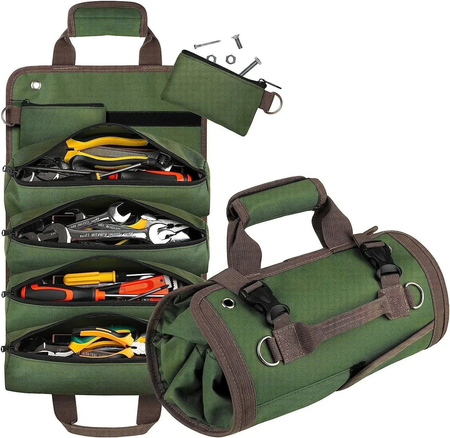 Multi-Pocket Roll-Up Tool Bag Organizer with Carry Handles, Buckle Straps and Five Checkout Color Options