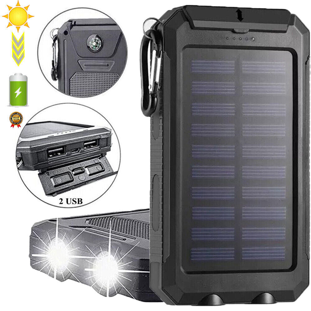 Solar Power Bank, 10000mAh Dual-USB Charger with Solar Panel, LED Lights, Compass and Black or Orange Finish
