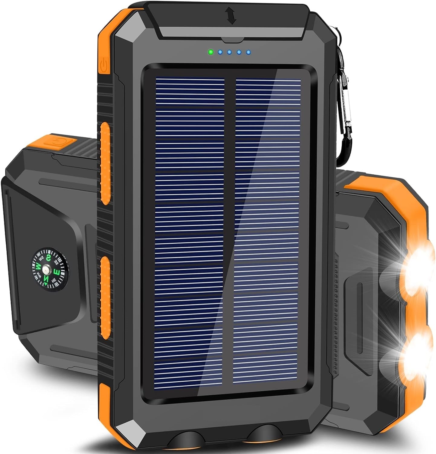 Solar Power Bank, 10000mAh Dual-USB Charger with Solar Panel, LED Lights, Compass and Black or Orange Finish