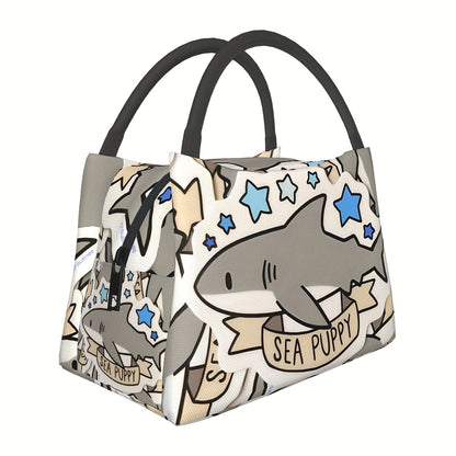 Gray Shark-Pattern Lunch Bag with Twin Handles, Zip Top and Structured Rectangular Carrying Shape