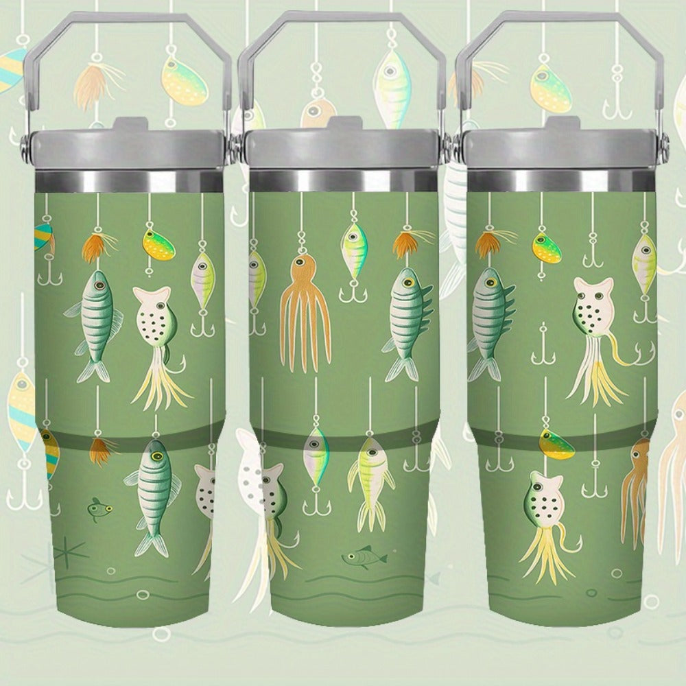 30oz Green Fish-Print Travel Mug with Carry Handle, Straw Lid and Tapered Cup-Holder Base Design