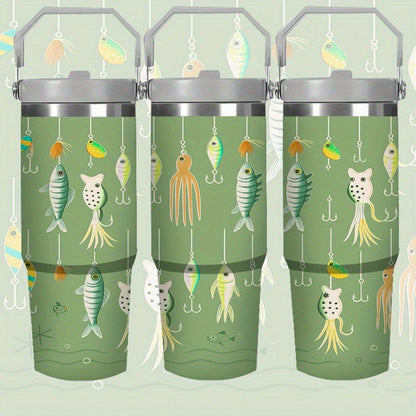 30oz Green Fish-Print Travel Mug with Carry Handle, Straw Lid and Tapered Cup-Holder Base Design