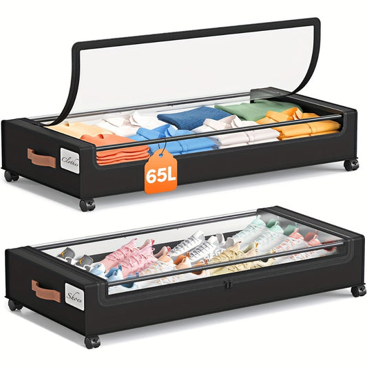 Under Bed Storage Organizer 2-Pack Rolling Boxes in Black or Gray for Clothes, Shoes and Bedding