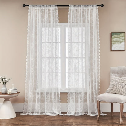 Two-Panel Floral Lace Window Curtain Set with Rod-Pocket Top, Three Colors and Six Metric Size Options