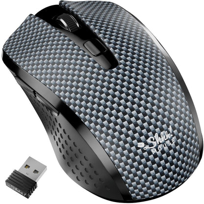 Carbon-Fiber Pattern Wireless Mouse with 2.4 GHz USB Receiver, Six Buttons and Three DPI Levels