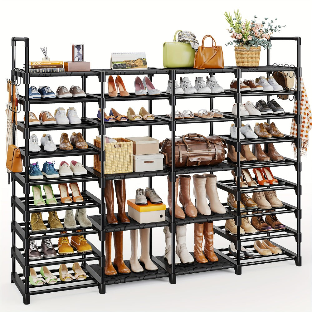 Shoe Rack 4-Row Metal Organizer with 6-Tier 55-Pair or 9-Tier 64-Pair Black Configurations