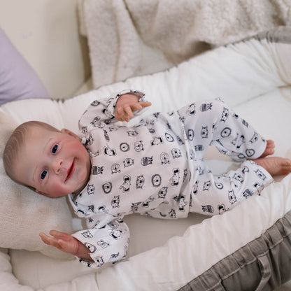 Reborn Doll, 19-Inch Cloth-Body Smiling Figure with Vinyl Head and Limbs, Printed Outfit and Bottle