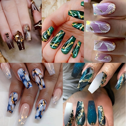 Press On Nails 144-Piece Medium Coffin Set with Blue Marble, Sequins and Included Nail Glue