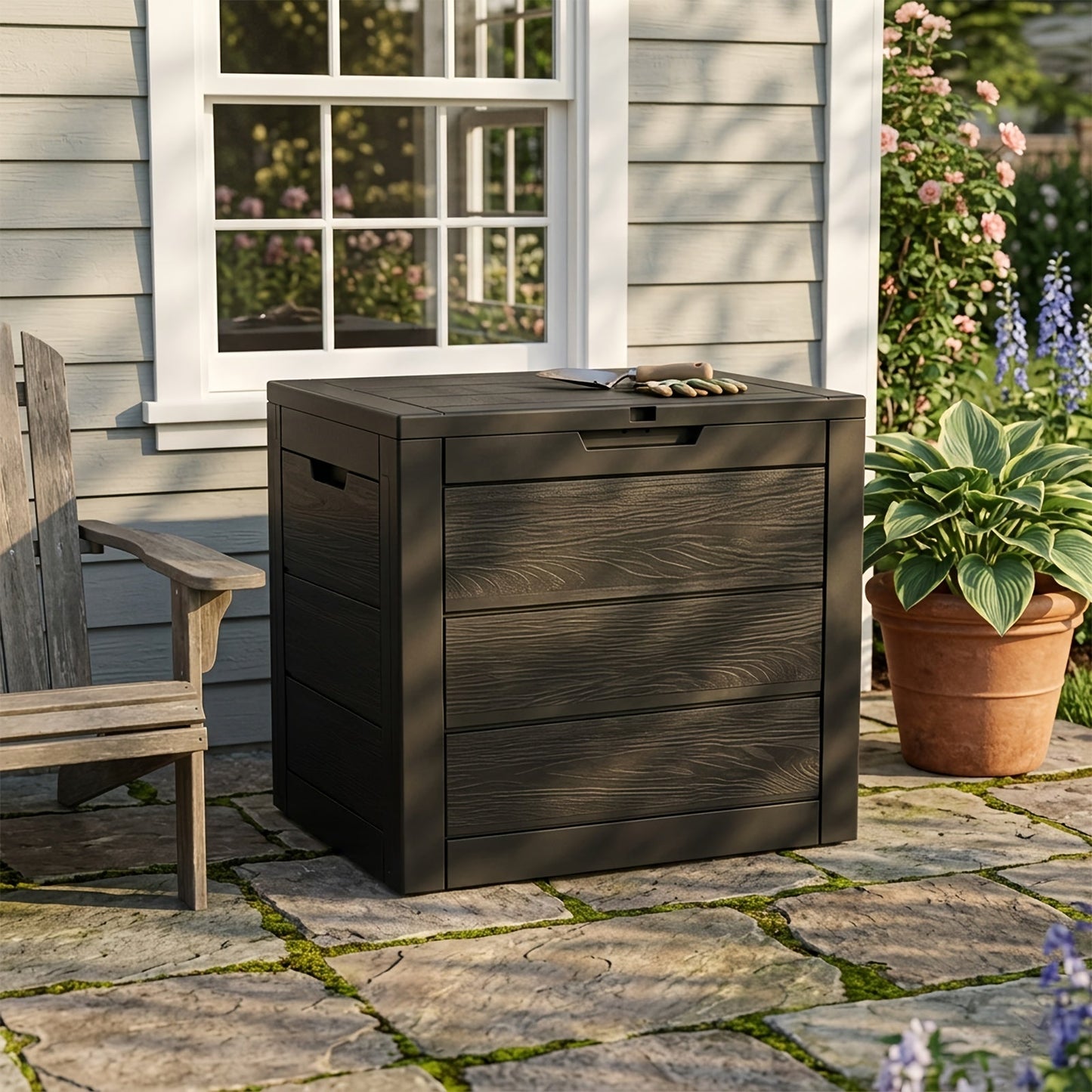 Flip-Top Resin Deck Storage Box with Secure Lid in Black for Patio, Pool and Garden Storage