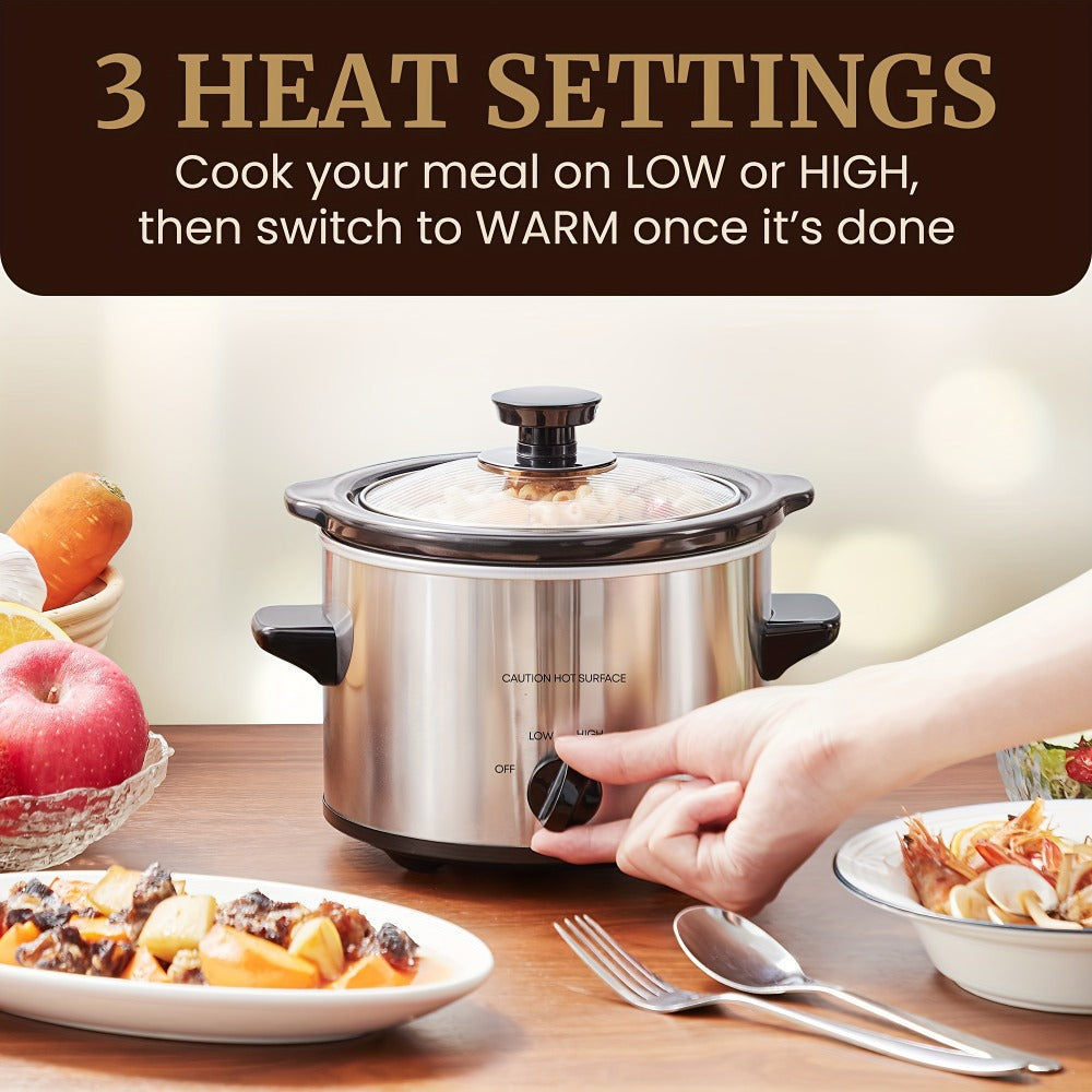 Mini Slow Cooker 1.5QT & 2.0QT with Adjustable Temperature Ceramic Crock & Dishwasher Safe Glass Lid – Small Slow Cooker for Sauces Dips Soups Stews, Stainless Steel & Black