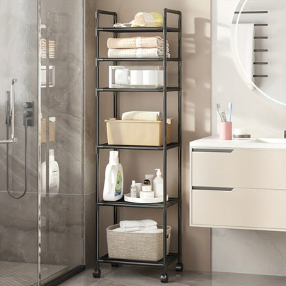 Six-Tier Narrow Metal Storage Shelf with Leveling Feet in Black or White for Kitchens and Pantries