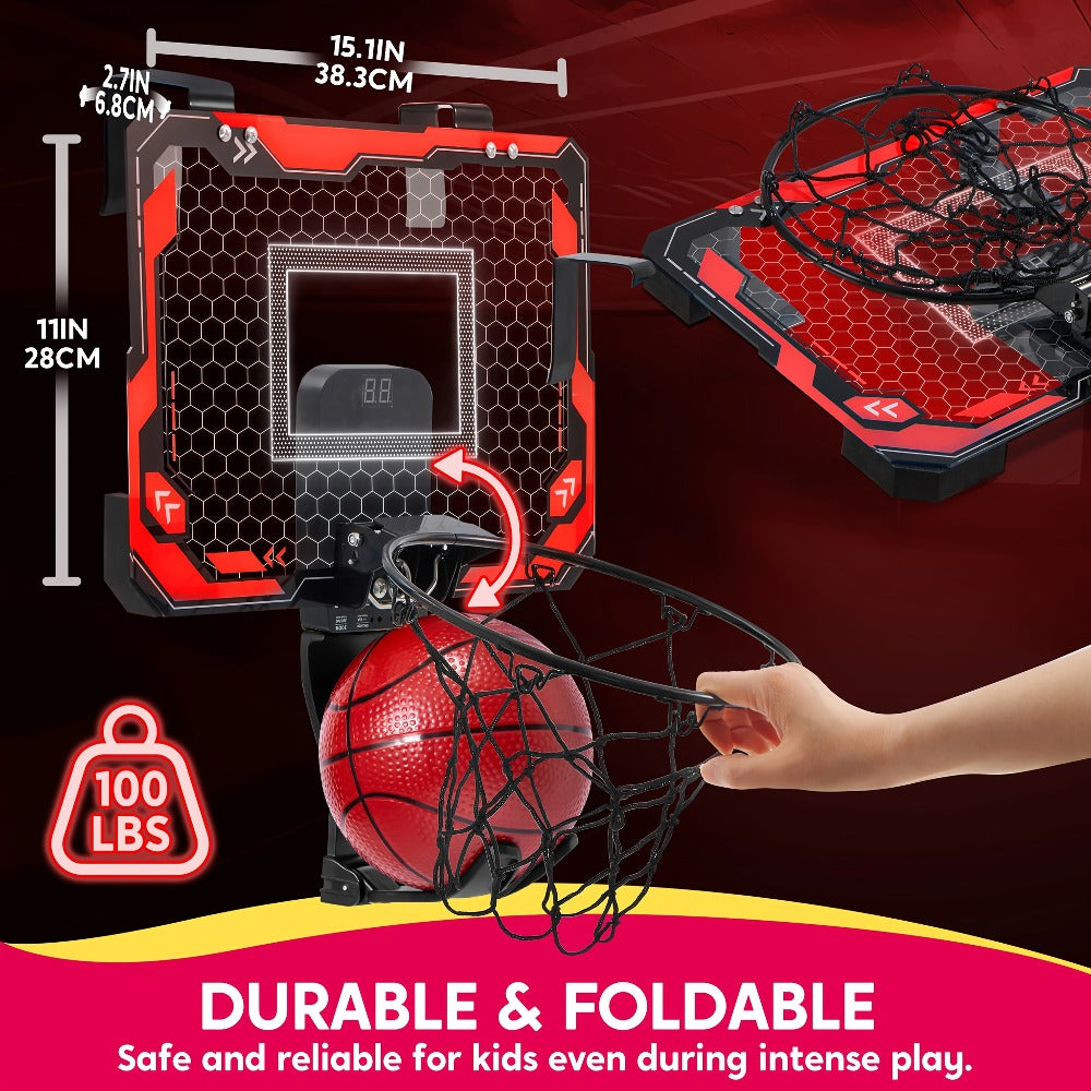 Indoor Basketball Hoop for Kids Over the Door, Light Up LED Scoreboard 4 Balls Air Pump 3 Game Modes 7 Light Shows