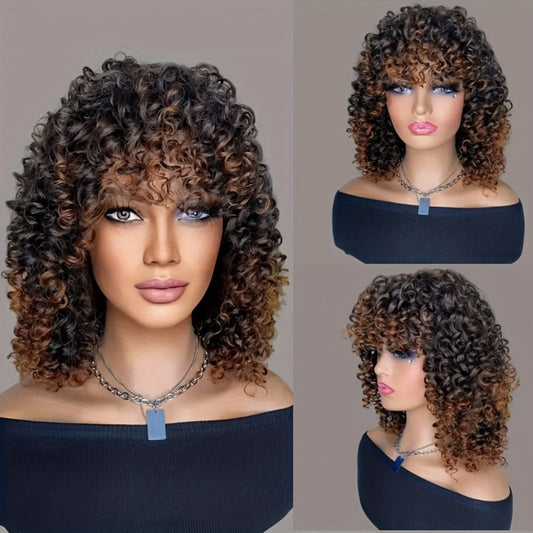 Synthetic Wig 14-Inch Deep-Wave Curly Bob with Bangs, Glueless Elastic-Band Cap for Daily Styling