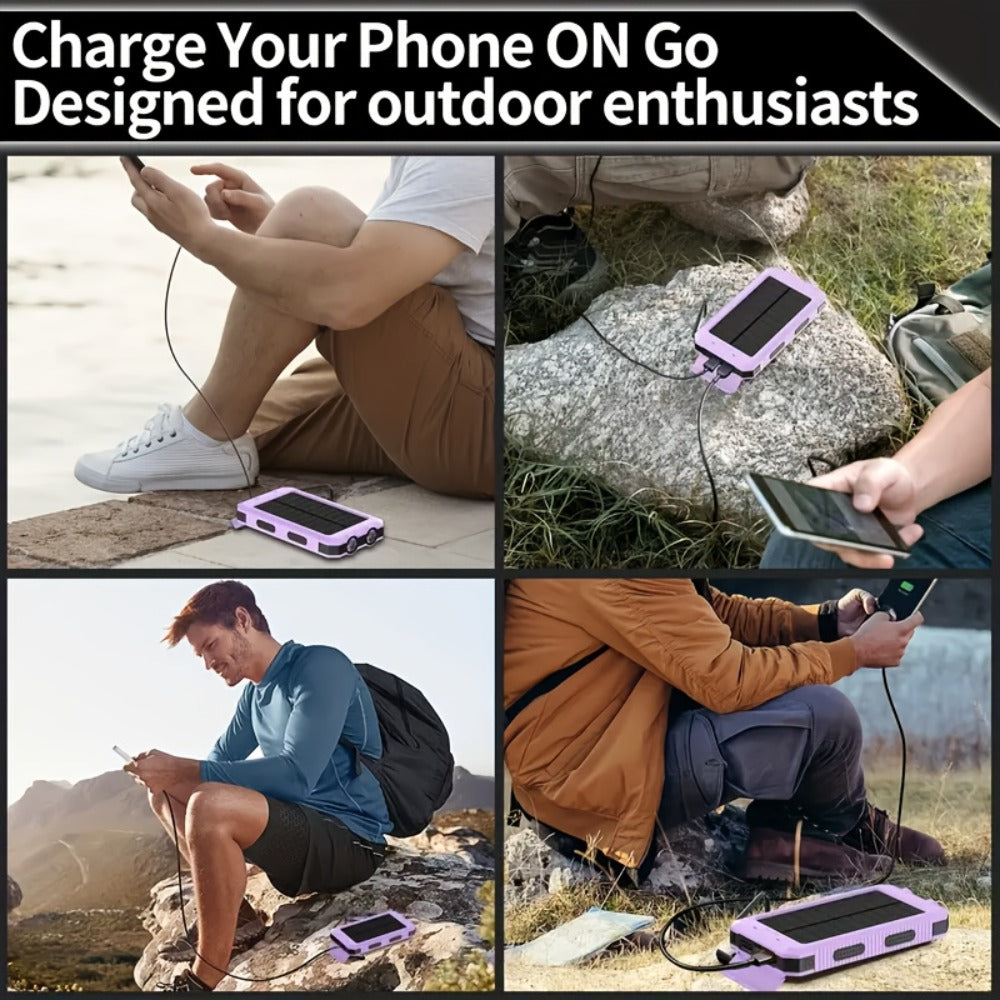Solar Power Bank, 10000mAh USB Charger with Solar Panel, LED Flashlight, Compass, Data Cable and Backpack Hook