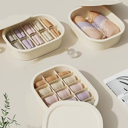 Three-Piece Beige Drawer Organizer Bin Set with Lidded Dividers for Underwear, Socks and Small Accessories