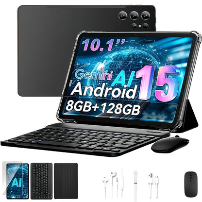 Android Tablet 10.1-Inch with Android 15, 8GB RAM, 128GB Internal Storage and Keyboard Case Bundle