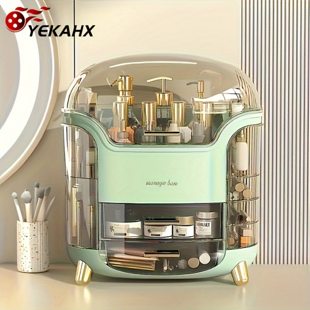 Covered Countertop Makeup Organizer with Transparent Display Top and Pull-Out Drawer in White or Green