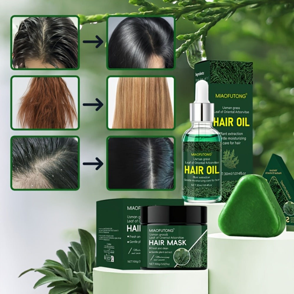 Three-Piece Usman Grass Hair Care Kit with 120g Triangular Shampoo Bar, Oil and Mask Formats