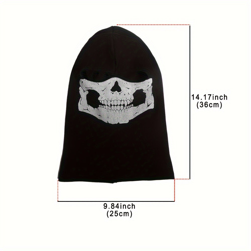 Printed Skull Balaclava Mask in Two Black Designs, Full-Face Stretch Fabric for Adult Costume Wear