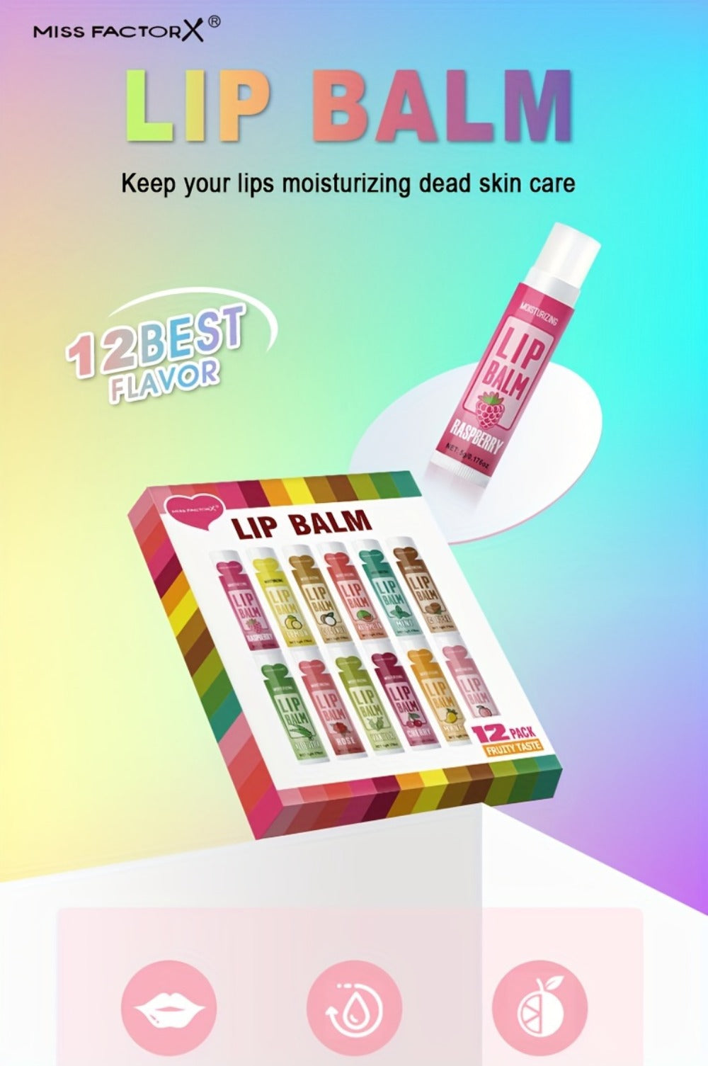 12-Piece Tube Lip Balm Set with 12 Pictured Fruit and Botanical Flavor Labels in a Display Box