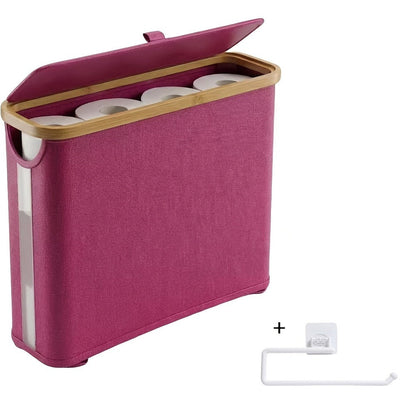 Lidded Toilet Paper Storage Basket with Bamboo-Style Rim in Five Color and Accessory Configurations
