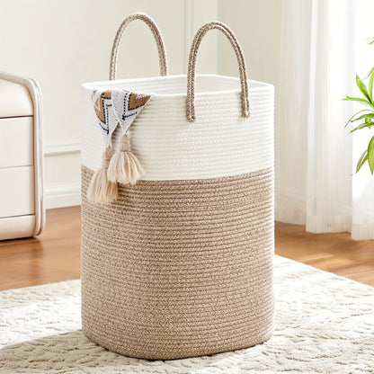 Woven Cotton Rope Laundry Basket with Twin Handles, 40L to 100L Sizes and Five Two-Tone Color Options