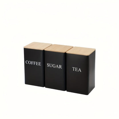 Three Rectangular Metal Canisters for Coffee, Tea and Sugar with Wood-Tone Lids in Black or White