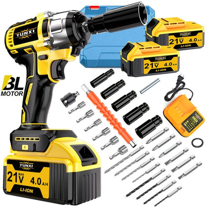 Power Tools YUNXI 21V Brushless Cordless Impact Wrench Kit with 4000mAh Battery and Configurable Accessories