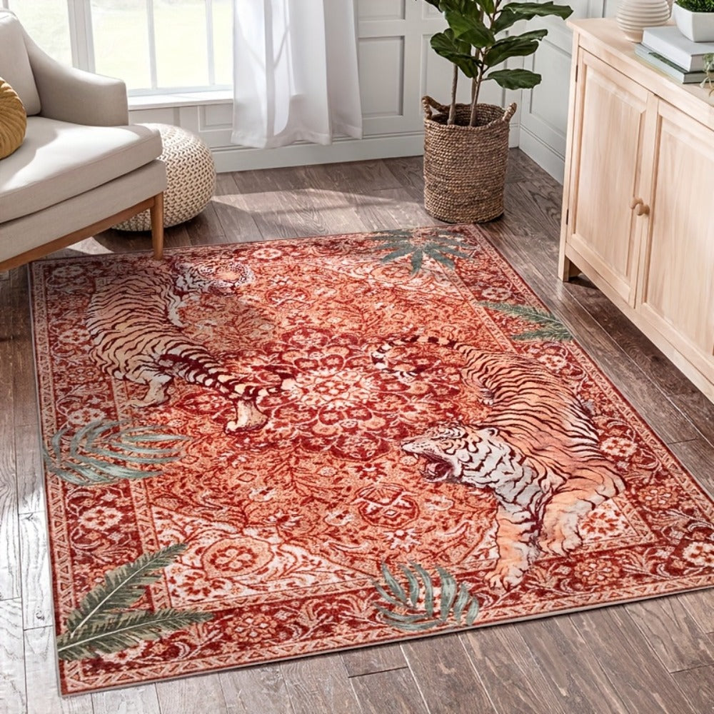 Area Rug, Tiger and Jungle Forest Print Ultra-Thin Indoor Carpet in Three Colors with Machine-Wash Care