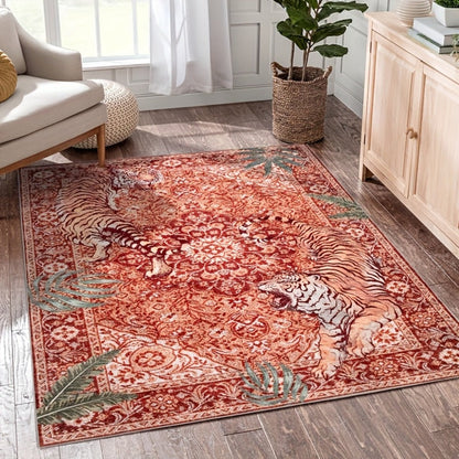 Area Rug, Tiger and Jungle Forest Print Ultra-Thin Indoor Carpet in Three Colors with Machine-Wash Care
