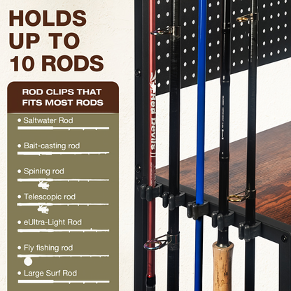 Fishing Rod Holder Rack for Garage Holds Up to 10 Rods Iron Construction with Pegboard Hooks Rolling Wheels Fishing Pole Storage Organizer Fishing Gear Gift for Men and Women