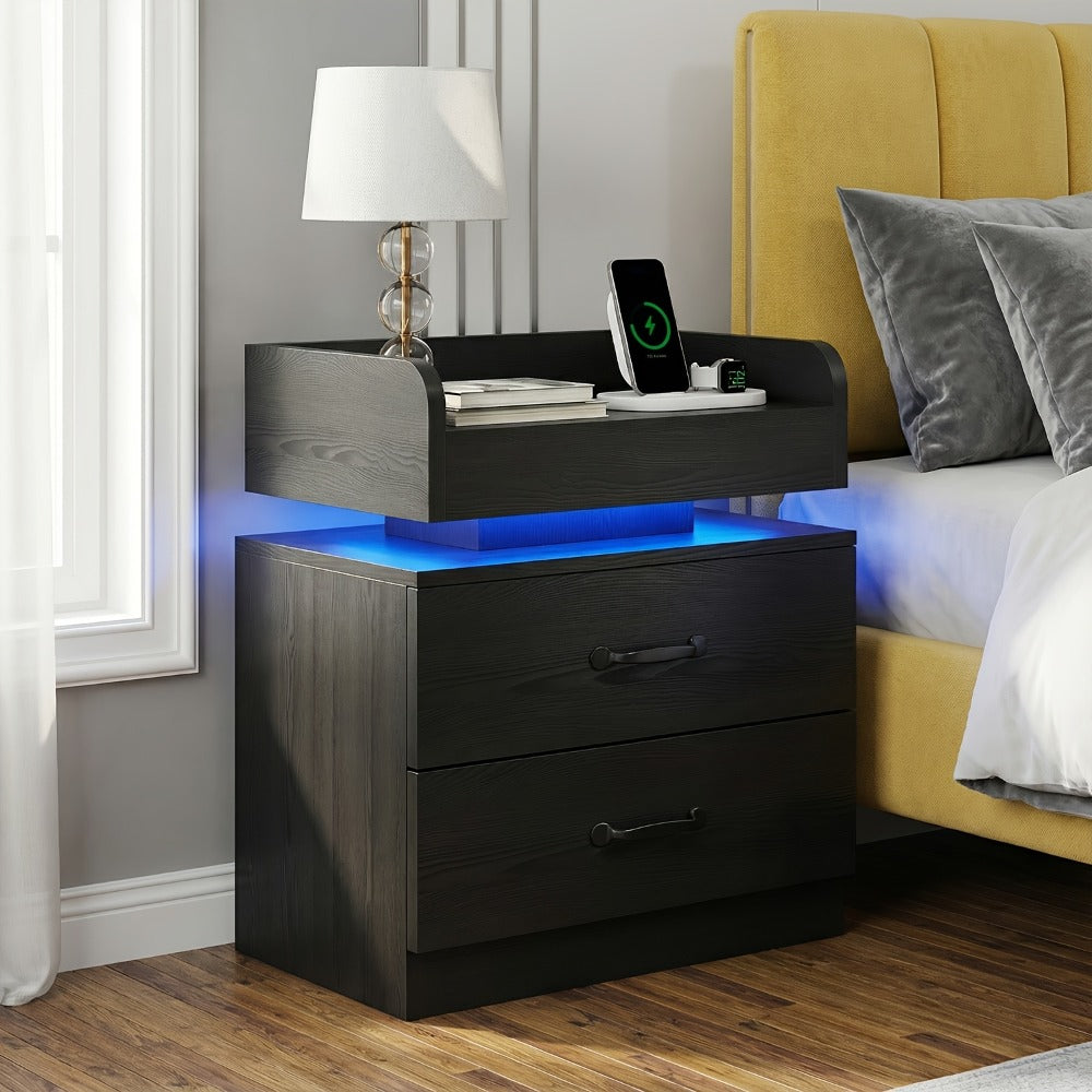 Nightstand Tray-Top Two-Drawer Bedside Table with Charging Station, LED Light and Black or White Finish