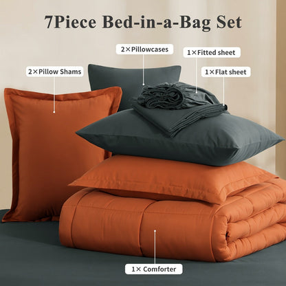 7 Piece Comforter Set Luxury Soft Fluffy Bedding All Season Bed in a Bag with Comforter Fitted Sheet Flat Sheet Pillowcases Hypoallergenic Breathable Easy Care Queen King Twin XL Full