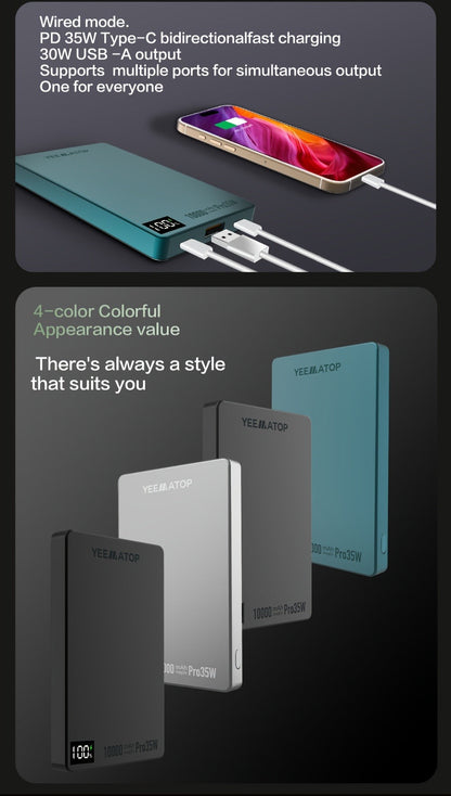 10000mAh Thin Magnetic Power Bank with 35W USB-C and 30W USB-A Port Markings in Four Colors