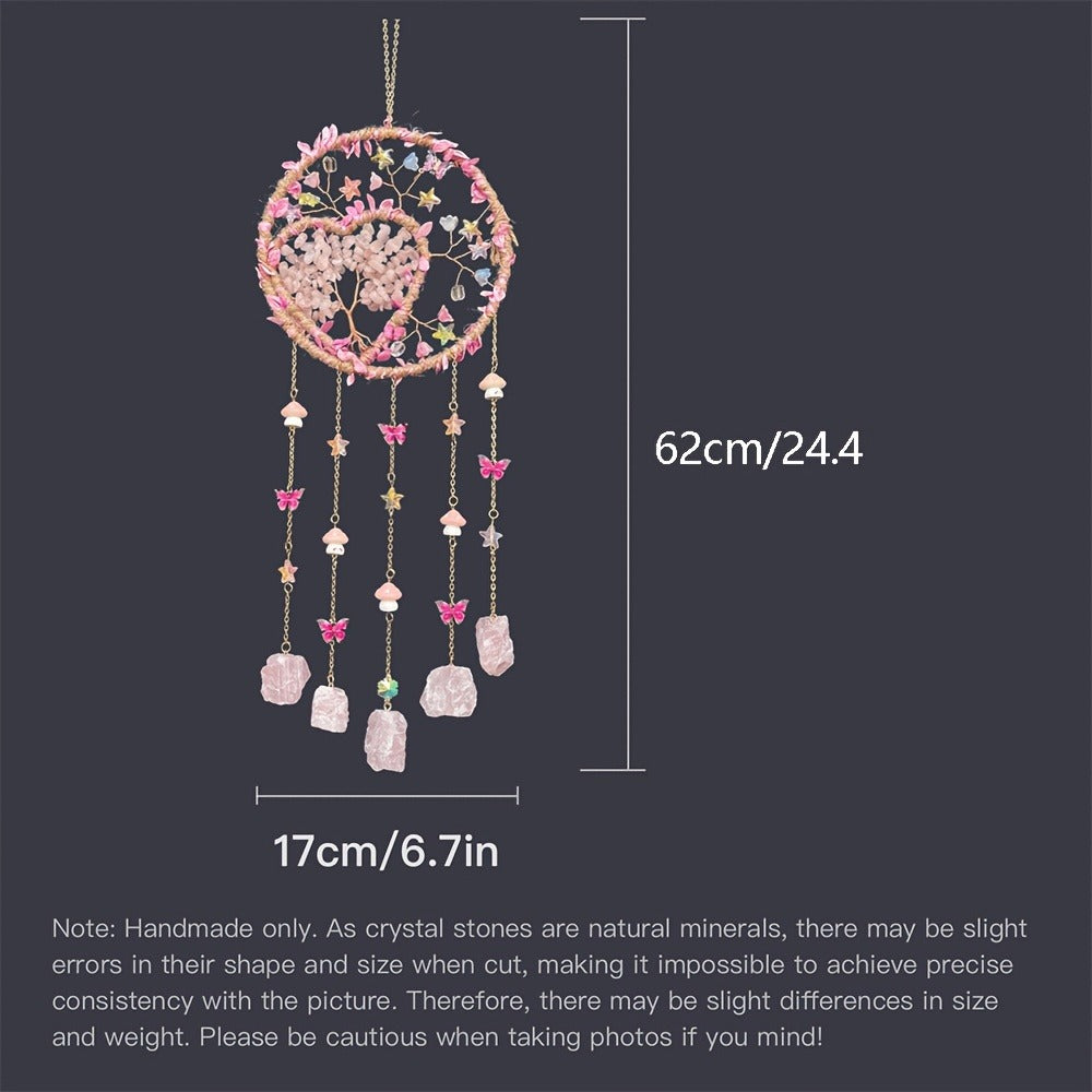 Round Beaded Wall Hanging Decor in Purple, Pink or Green with Heart Charms and Five Hanging Strands