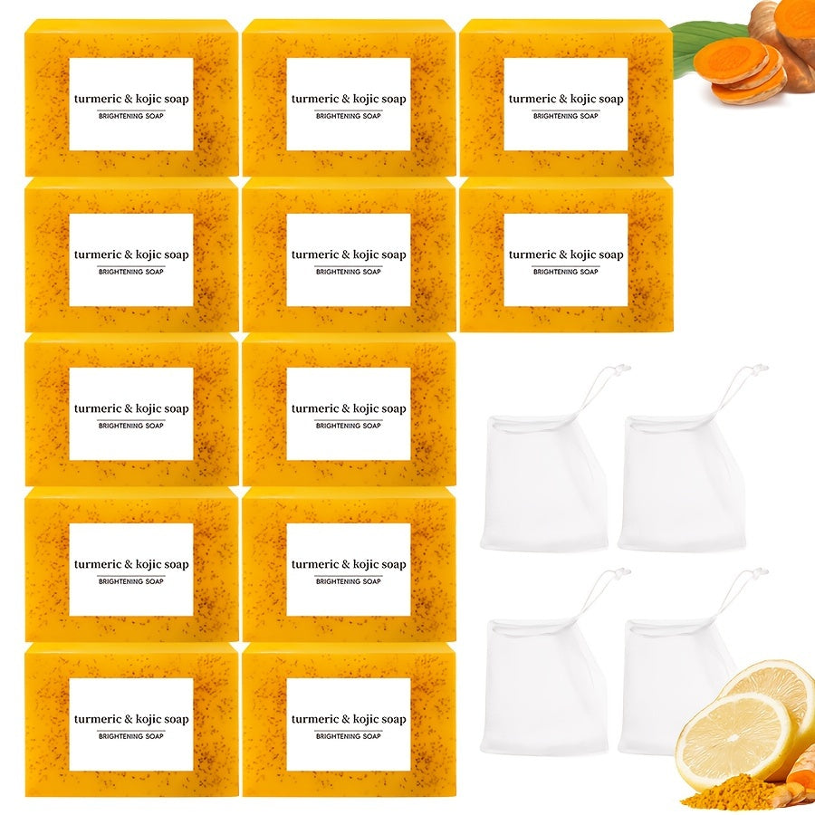 Handmade Turmeric Lemon Soap Bar Set Natural Exfoliating Face Body Cleansing Oil Control Alcohol Free with Lathering Screens 6 / 12pcs