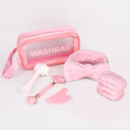 7-Piece Facial Cleansing Accessory Set with Wash Bag, Headband, Wristbands, Face Brush and Roller