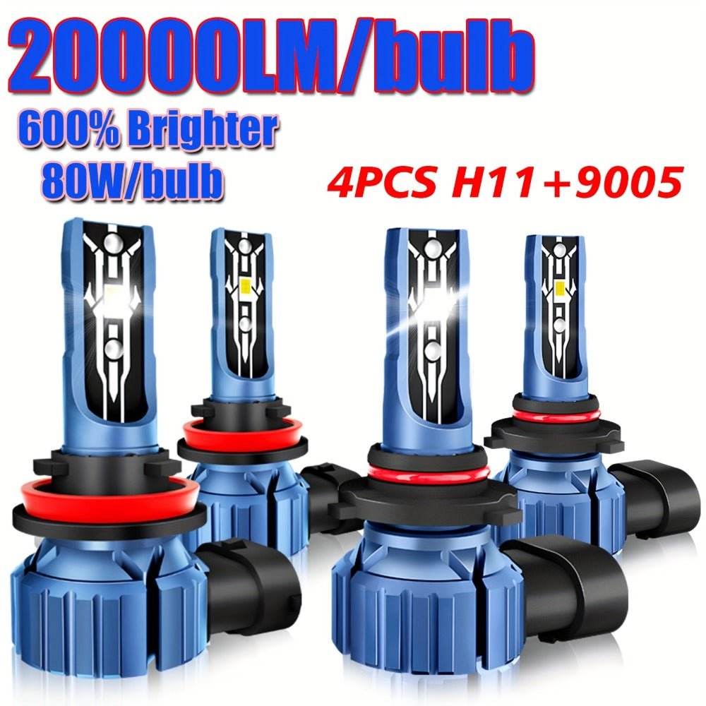 LED Headlight Bulbs Kit 4pcs, 80W 20000LM 6000K Super Bright White High & Low Beam Fog Lamp Replacement for H11+H11 / 9006+9006, Plug-and-Play 12-24V, 50000Hr Lifespan