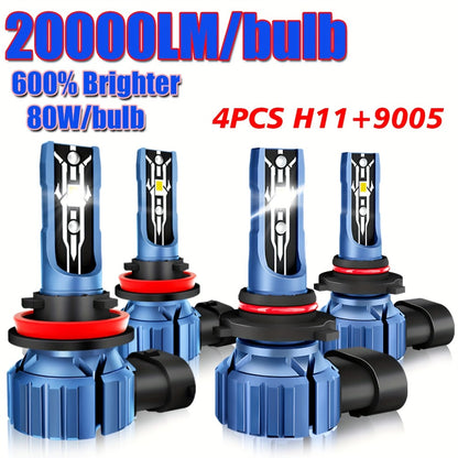 LED Headlight Bulbs Kit 4pcs, 80W 20000LM 6000K Super Bright White High & Low Beam Fog Lamp Replacement for H11+H11 / 9006+9006, Plug-and-Play 12-24V, 50000Hr Lifespan