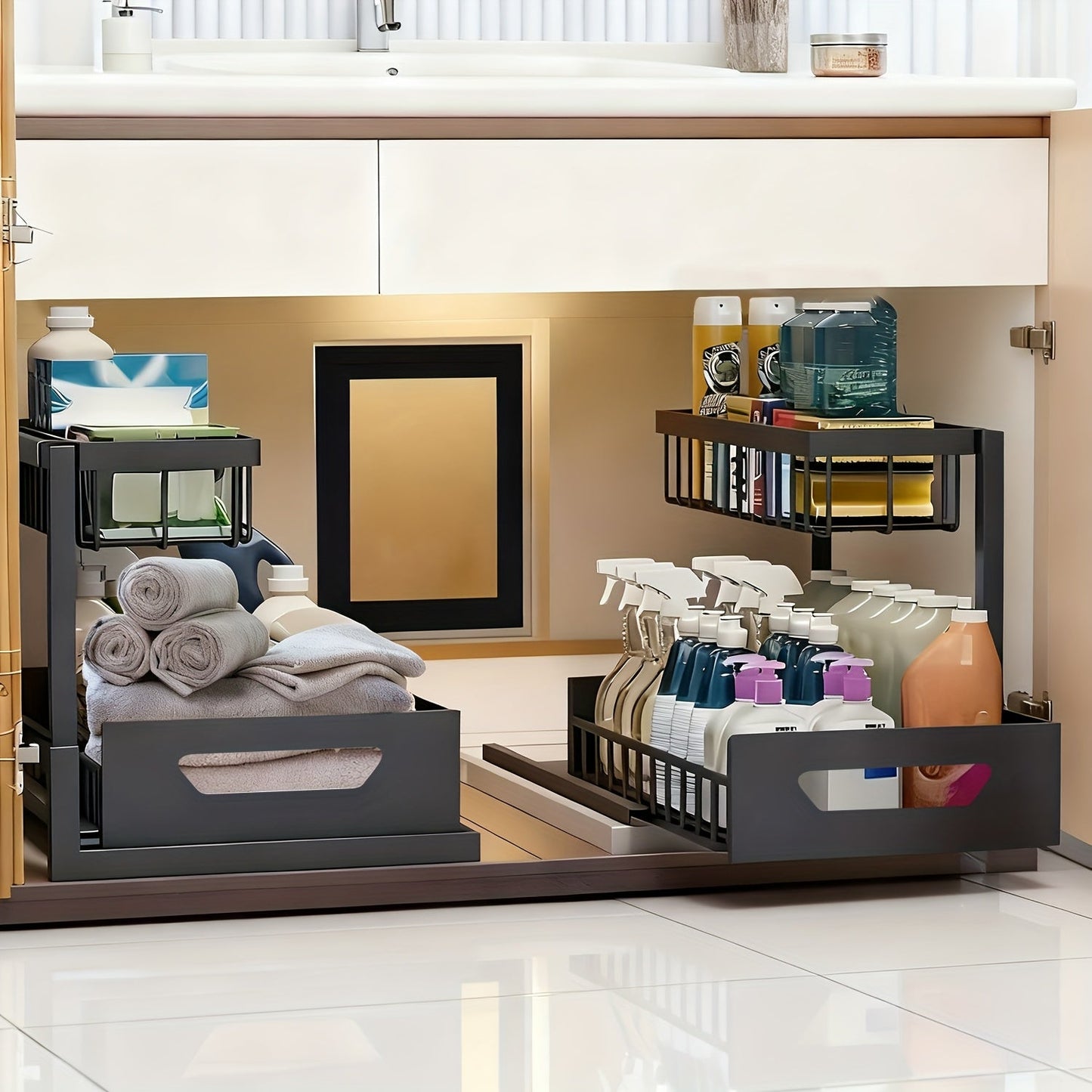 Two-Tier Pull-Out Cabinet Organizer with Upper and Lower Sliding Trays in Grey, Black or White Package Options