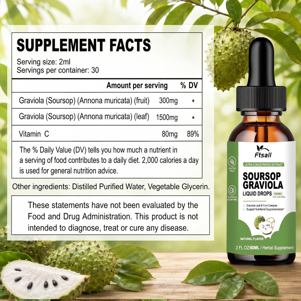 Herbal Supplement with Ftsall Label, Soursop Graviola Liquid Drops 1800mg per Serving, 2 fl oz, One to Three Packs