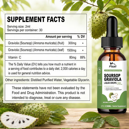 Herbal Supplement with Ftsall Label, Soursop Graviola Liquid Drops 1800mg per Serving, 2 fl oz, One to Three Packs