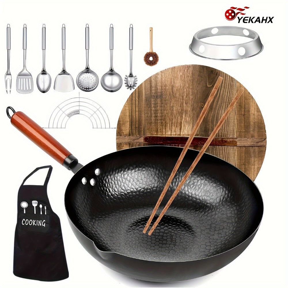Carbon Steel Wok Set with Lid and 14-Piece Accessory Kit, 12.6 Inch Stir-Fry Pan with Spatula, Brush, Ring and Utensils