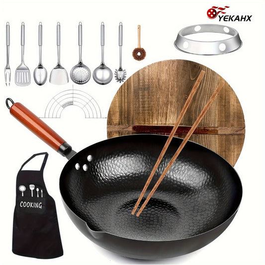Carbon Steel Wok Set with Lid & Accessories – 14-Piece Non-Stick Stir Fry Pan 12.6" for Gas Electric Induction All Stoves | Wok Pan with Spatula Brush Ring Utensils Kitchen Cooking Set